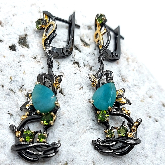 Natural Emerald 8x6mm & Chrome Diopside 925 Sterling Silver Earrings - Picture 2 of 7